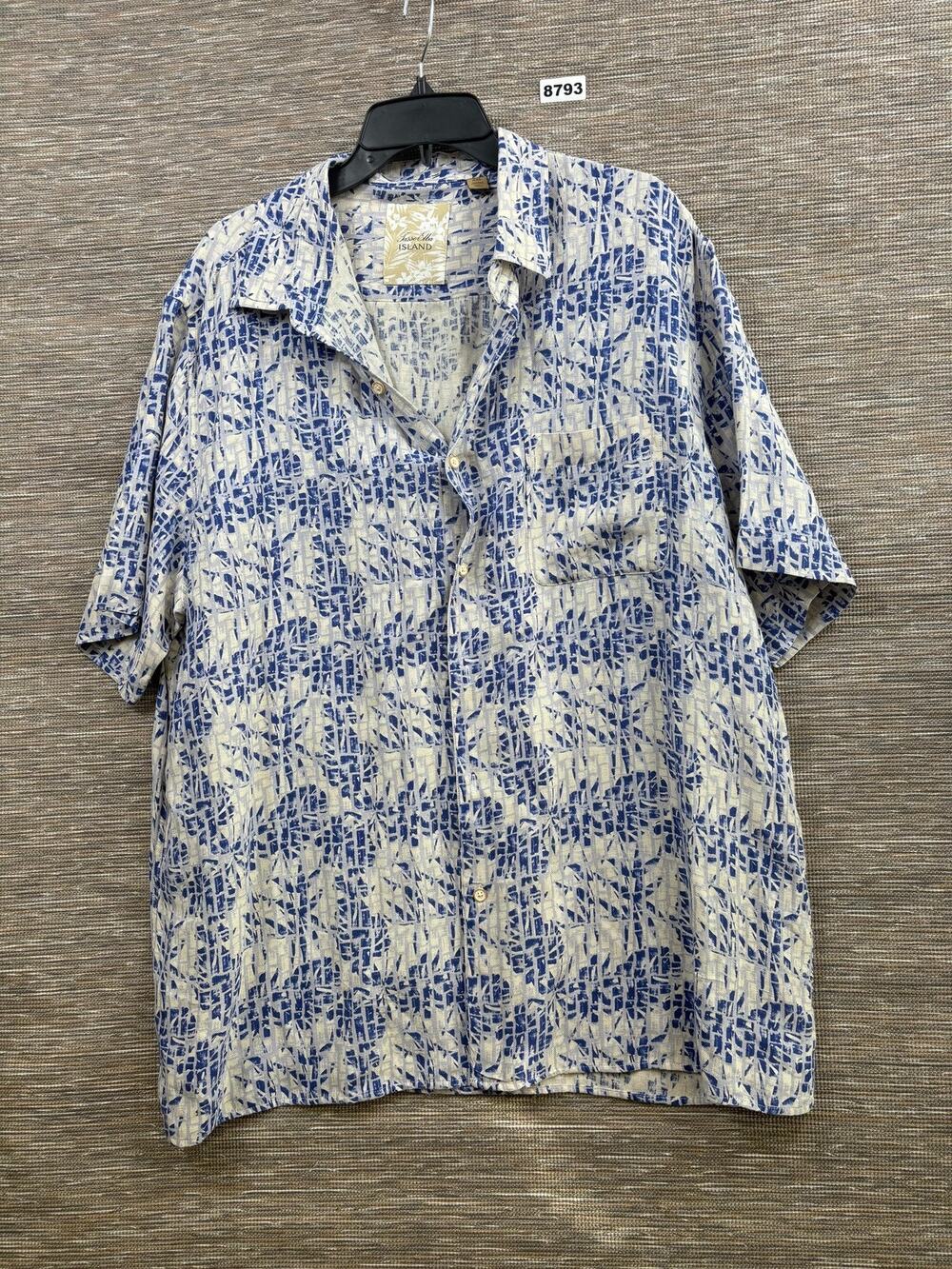 Tasso Elba Shirt Mens 2XL Blue Silk Linen Geometric Short Sleeve Button Up